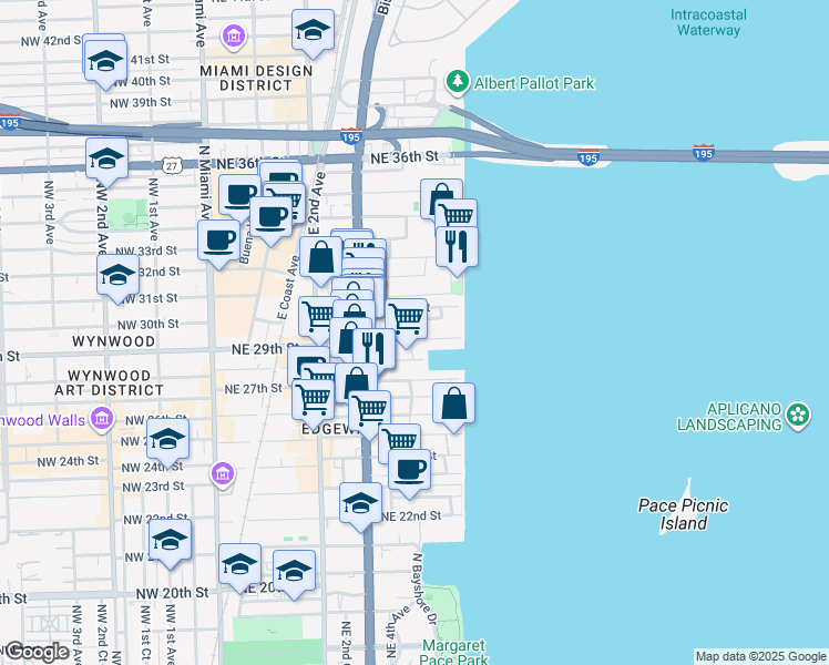 map of restaurants, bars, coffee shops, grocery stores, and more near 485 Northeast 29th Street in Miami