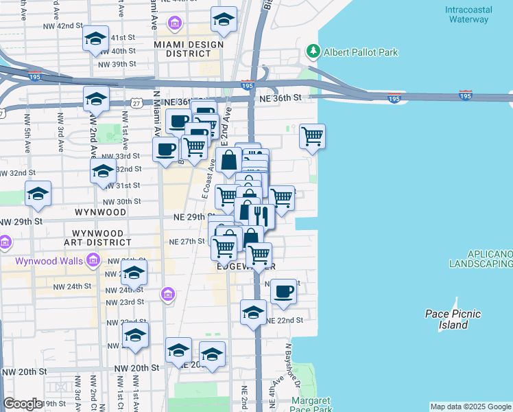 map of restaurants, bars, coffee shops, grocery stores, and more near 401 Northeast 29th Street in Miami