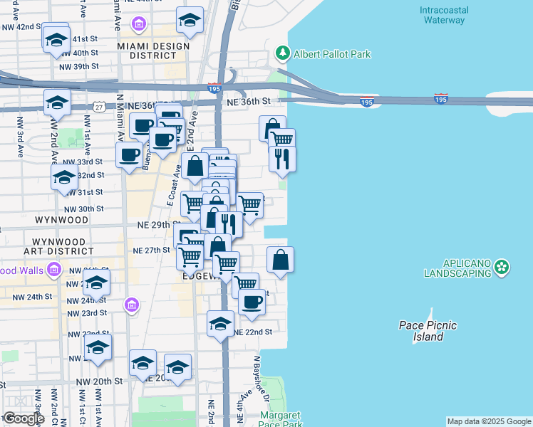 map of restaurants, bars, coffee shops, grocery stores, and more near 485 Northeast 29th Street in Miami
