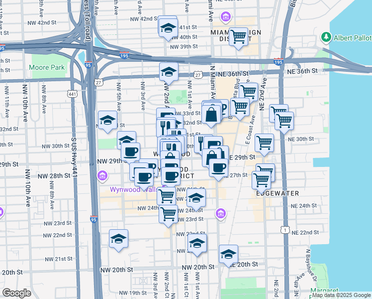 map of restaurants, bars, coffee shops, grocery stores, and more near in Miami