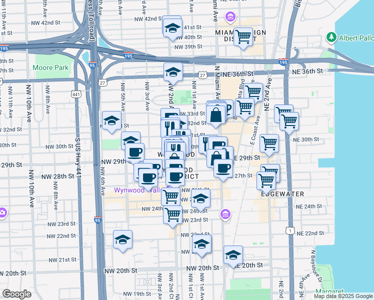 map of restaurants, bars, coffee shops, grocery stores, and more near in Miami