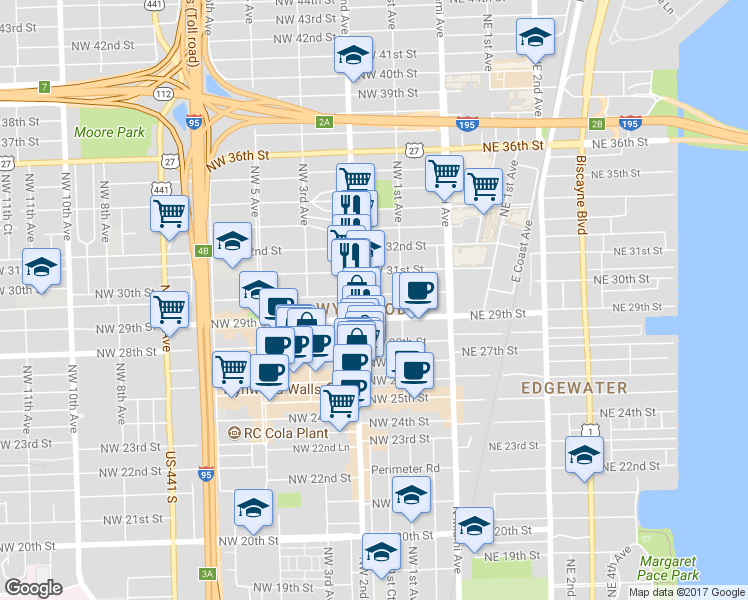 map of restaurants, bars, coffee shops, grocery stores, and more near in Miami