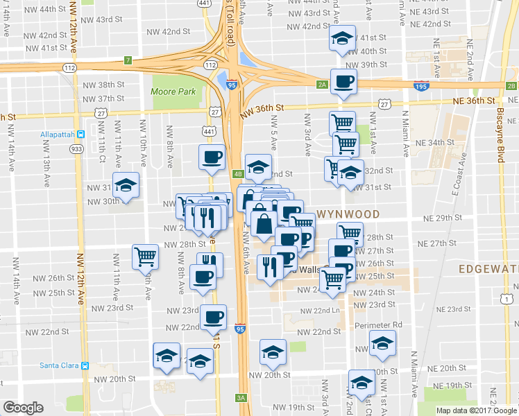 map of restaurants, bars, coffee shops, grocery stores, and more near 555 NW 30th St in Miami