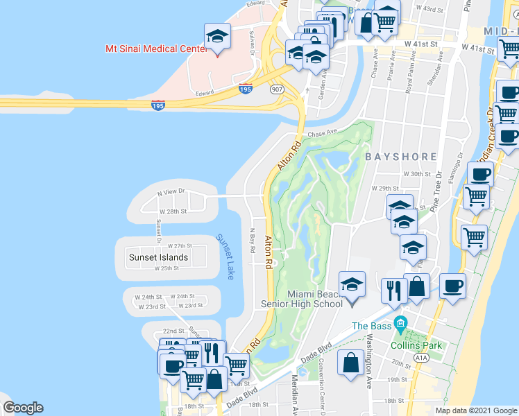 map of restaurants, bars, coffee shops, grocery stores, and more near 2726 Alton Road in Miami Beach