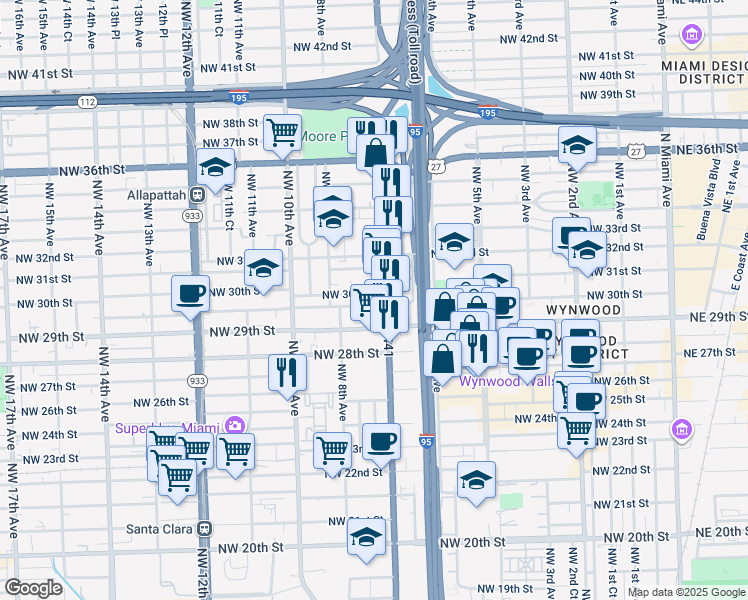 map of restaurants, bars, coffee shops, grocery stores, and more near 720 Northwest 30th Street in Miami
