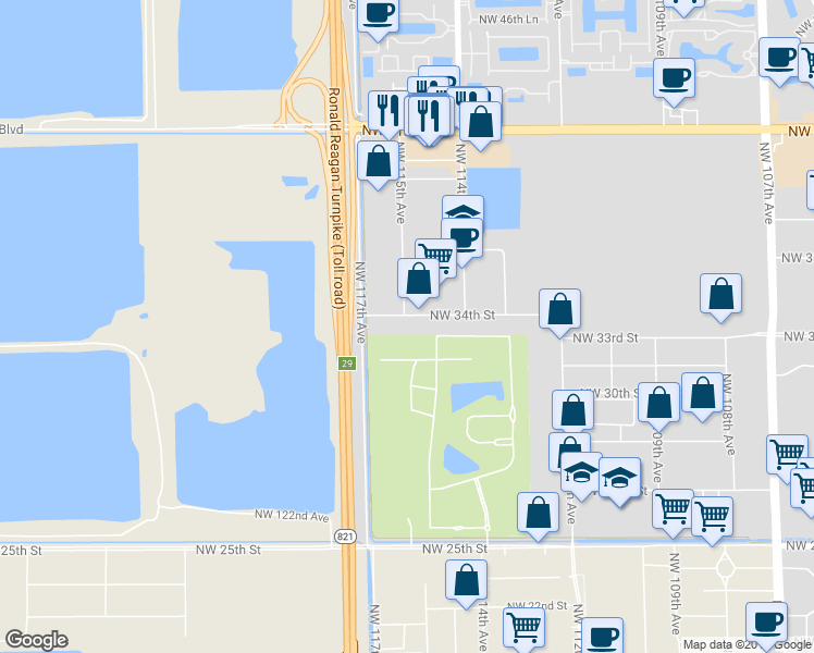 map of restaurants, bars, coffee shops, grocery stores, and more near 11450 Northwest 34th Street in Doral