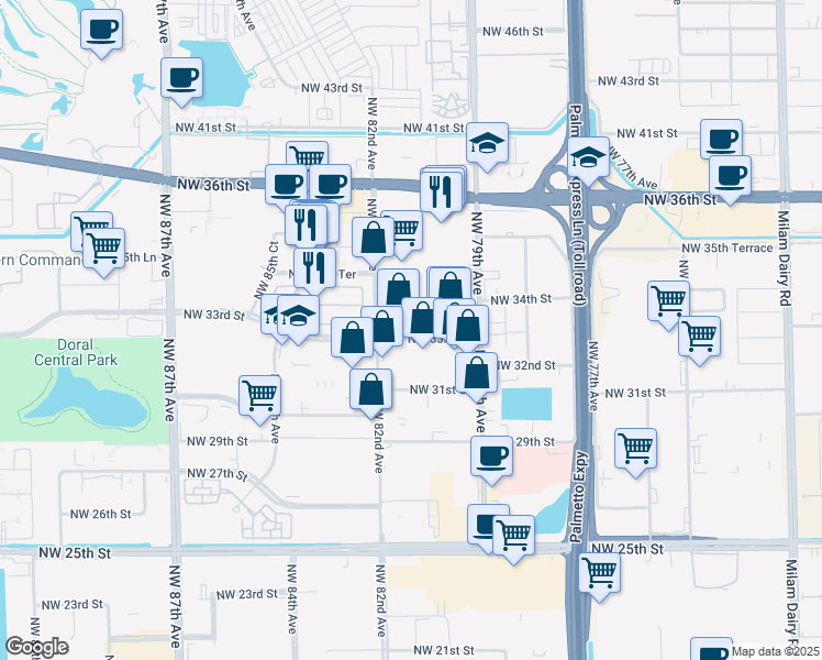 map of restaurants, bars, coffee shops, grocery stores, and more near 8111 NW 33rd St in Doral