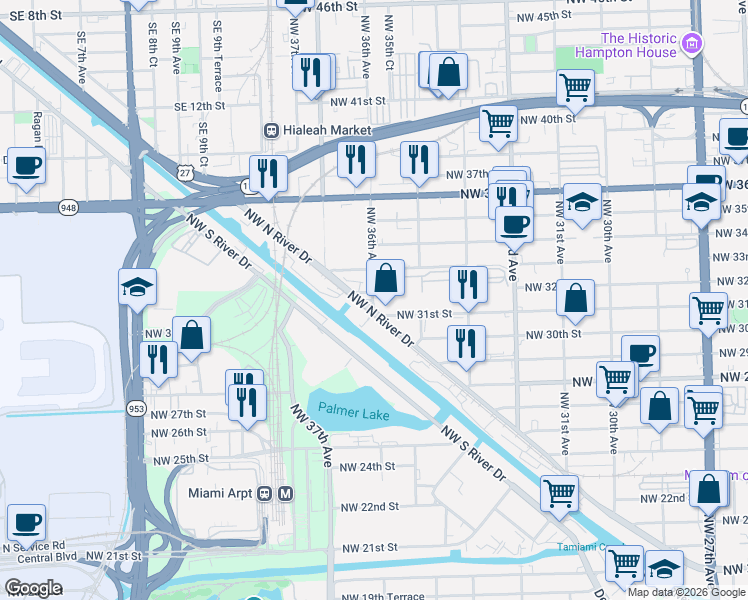 map of restaurants, bars, coffee shops, grocery stores, and more near 3601-3647 Northwest North River Drive in Miami