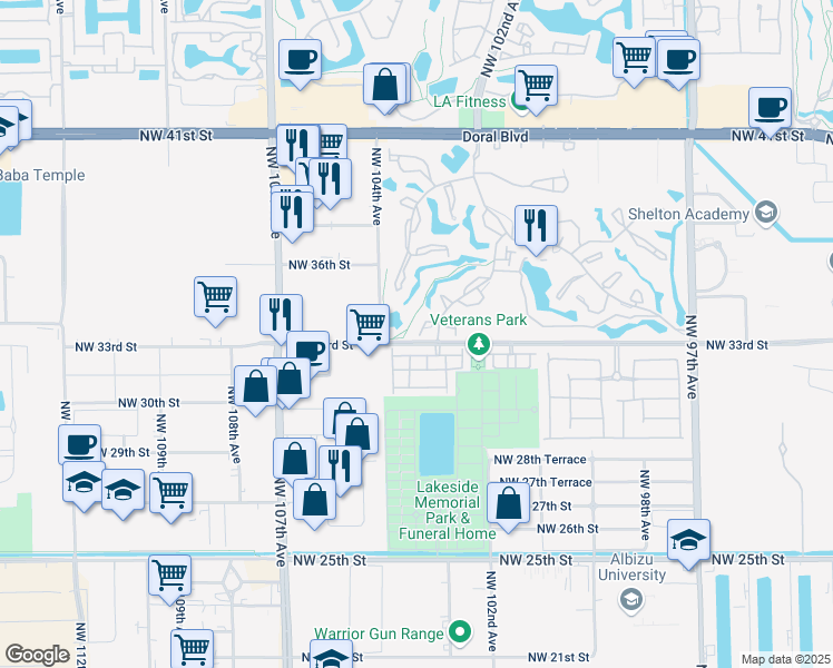 map of restaurants, bars, coffee shops, grocery stores, and more near 3326 Torremolinos Avenue in Doral