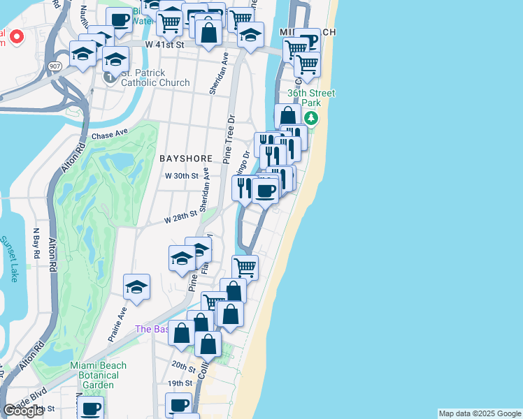 map of restaurants, bars, coffee shops, grocery stores, and more near in Miami Beach