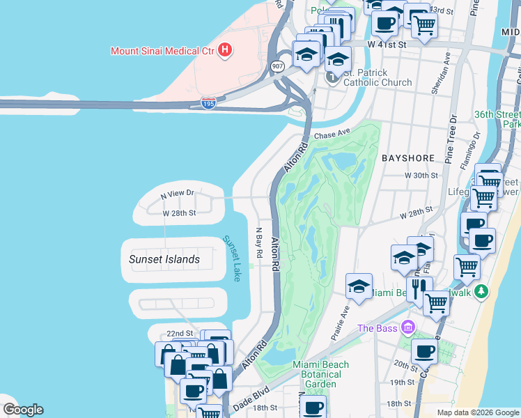 map of restaurants, bars, coffee shops, grocery stores, and more near 2726 Alton Road in Miami Beach
