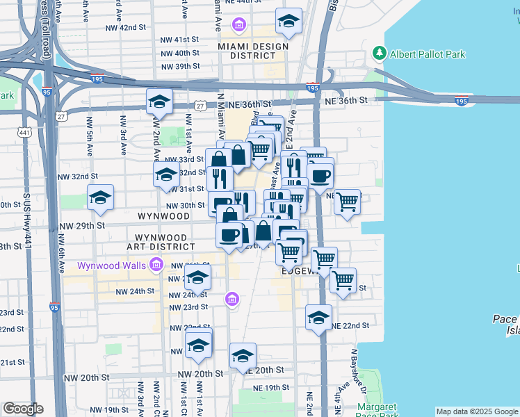map of restaurants, bars, coffee shops, grocery stores, and more near 2901 Northeast 1st Avenue in Miami