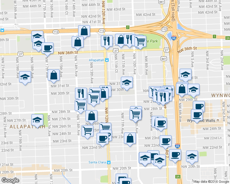 map of restaurants, bars, coffee shops, grocery stores, and more near 1131 Northwest 29th Terrace in Miami
