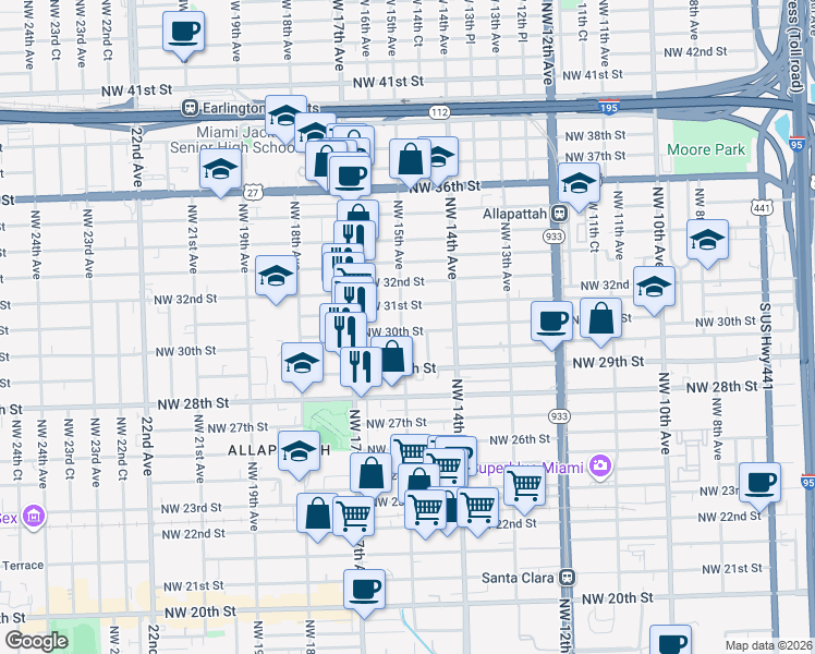 map of restaurants, bars, coffee shops, grocery stores, and more near 2975 Northwest 15th Avenue in Miami