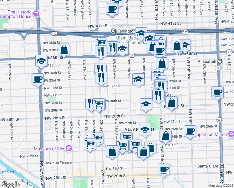 map of restaurants, bars, coffee shops, grocery stores, and more near 2000 Northwest 31st Street in Miami