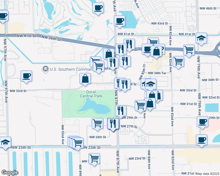 map of restaurants, bars, coffee shops, grocery stores, and more near 8700 Northwest 33rd Street in Doral