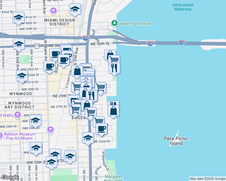 map of restaurants, bars, coffee shops, grocery stores, and more near 2900 Northeast 7th Avenue in Miami