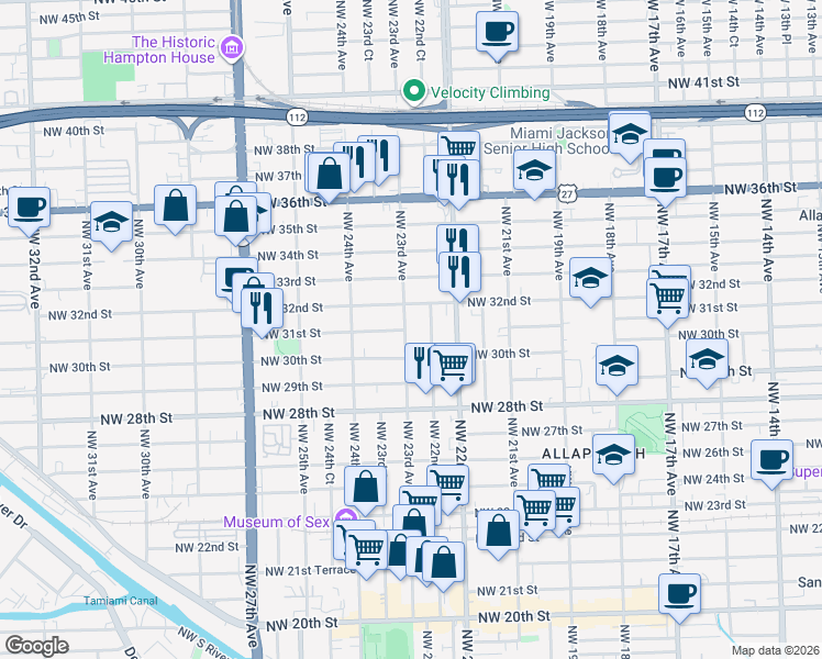 map of restaurants, bars, coffee shops, grocery stores, and more near 3041 Northwest 23rd Avenue in Miami