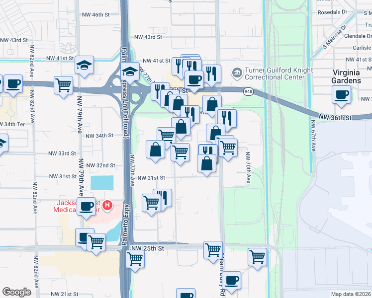 map of restaurants, bars, coffee shops, grocery stores, and more near 3333 Northwest 31st Terrace in Miami