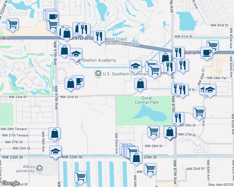 map of restaurants, bars, coffee shops, grocery stores, and more near 9109 Northwest 33rd Street in Doral