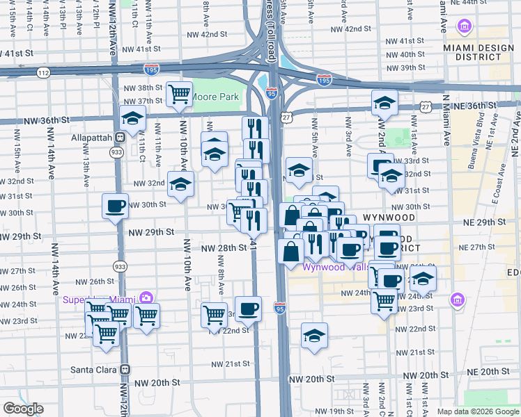 map of restaurants, bars, coffee shops, grocery stores, and more near 644 Northwest 30th Street in Miami