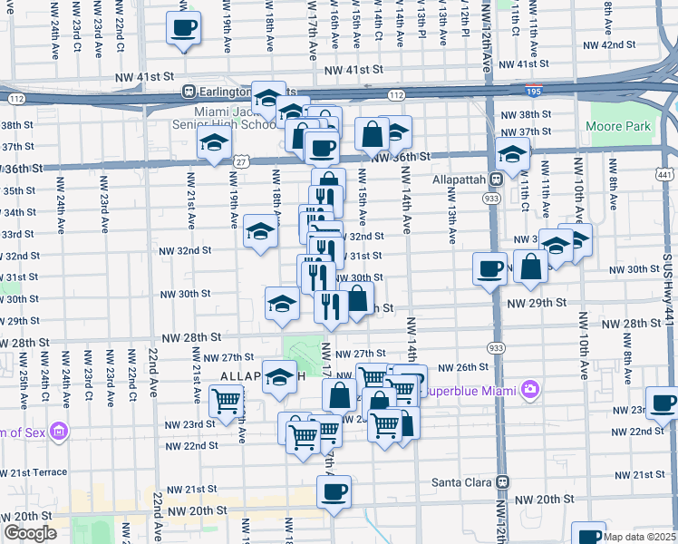 map of restaurants, bars, coffee shops, grocery stores, and more near 1561-1571 Northwest 30th Street in Miami