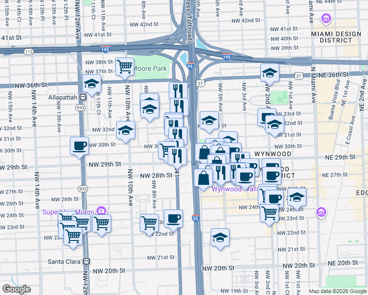 map of restaurants, bars, coffee shops, grocery stores, and more near 644 Northwest 30th Street in Miami