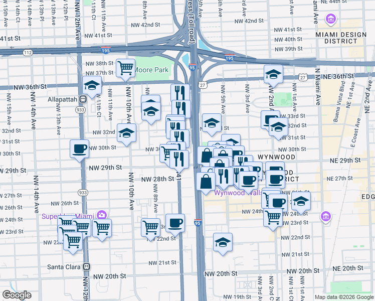 map of restaurants, bars, coffee shops, grocery stores, and more near 644 Northwest 30th Street in Miami