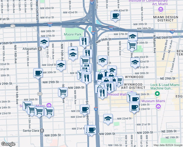 map of restaurants, bars, coffee shops, grocery stores, and more near 653 Northwest 30th Street in Miami