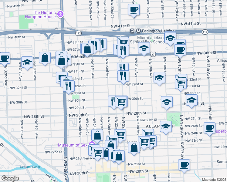map of restaurants, bars, coffee shops, grocery stores, and more near 3041 Northwest 23rd Avenue in Miami