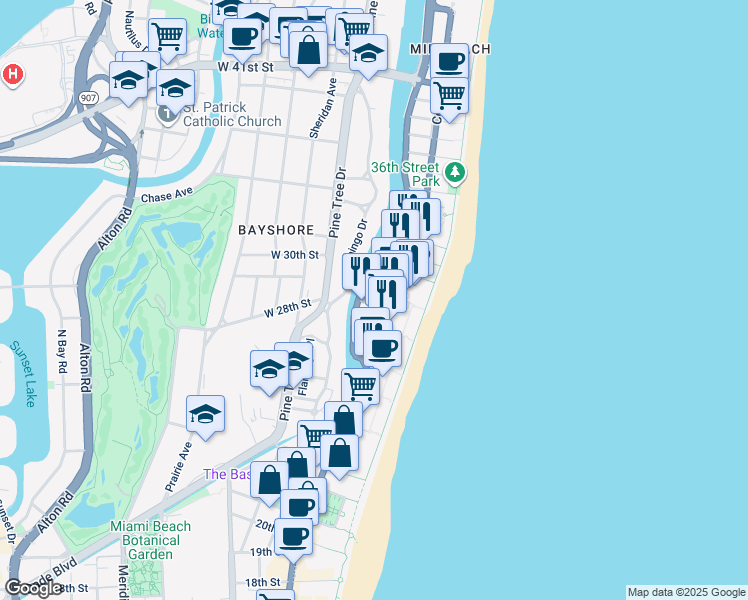 map of restaurants, bars, coffee shops, grocery stores, and more near in Miami Beach