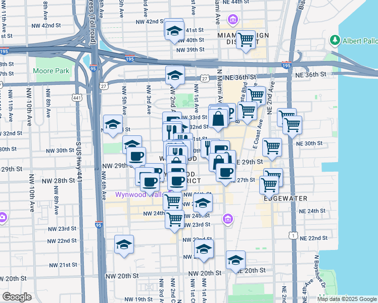 map of restaurants, bars, coffee shops, grocery stores, and more near in Miami