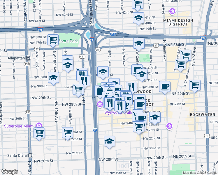 map of restaurants, bars, coffee shops, grocery stores, and more near 2952 Northwest 5 Avenue in Miami