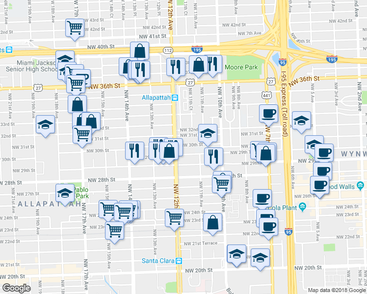map of restaurants, bars, coffee shops, grocery stores, and more near 2960 Northwest 12th Avenue in Miami