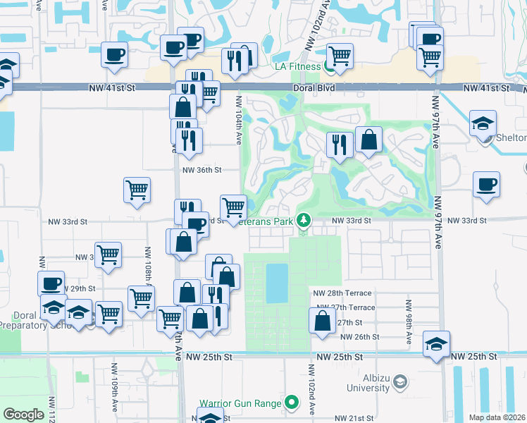 map of restaurants, bars, coffee shops, grocery stores, and more near 3326 Torremolinos Avenue in Doral