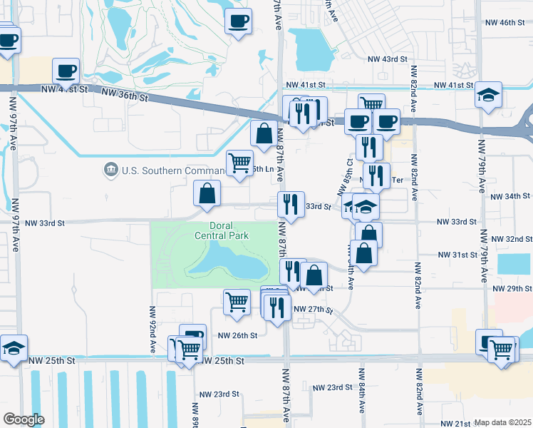 map of restaurants, bars, coffee shops, grocery stores, and more near 8700 Northwest 33rd Street in Doral