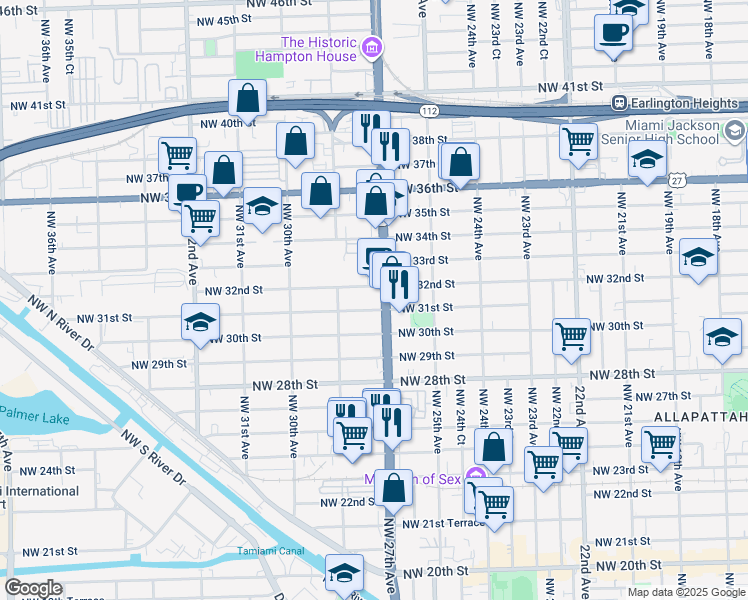 map of restaurants, bars, coffee shops, grocery stores, and more near 2751 Northwest 31st Street in Miami
