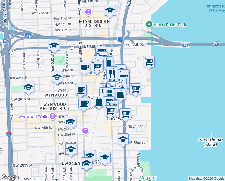 map of restaurants, bars, coffee shops, grocery stores, and more near 2920 Northeast 2nd Court in Miami