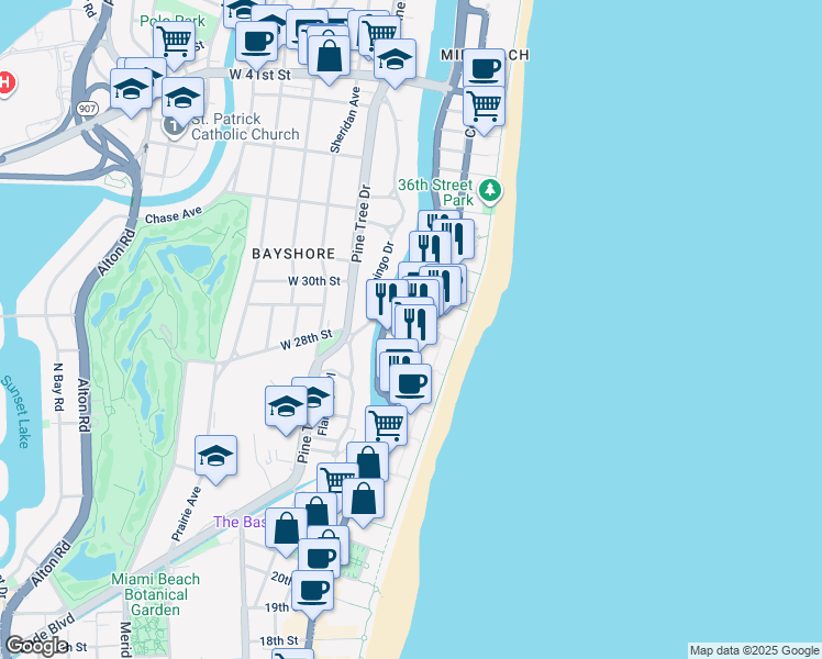 map of restaurants, bars, coffee shops, grocery stores, and more near in Miami Beach