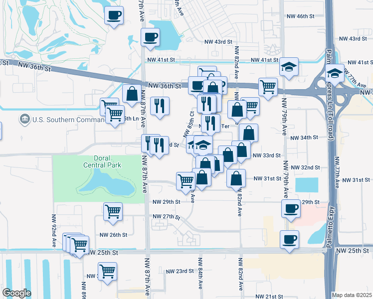 map of restaurants, bars, coffee shops, grocery stores, and more near 8400 Northwest 33rd Street in Miami