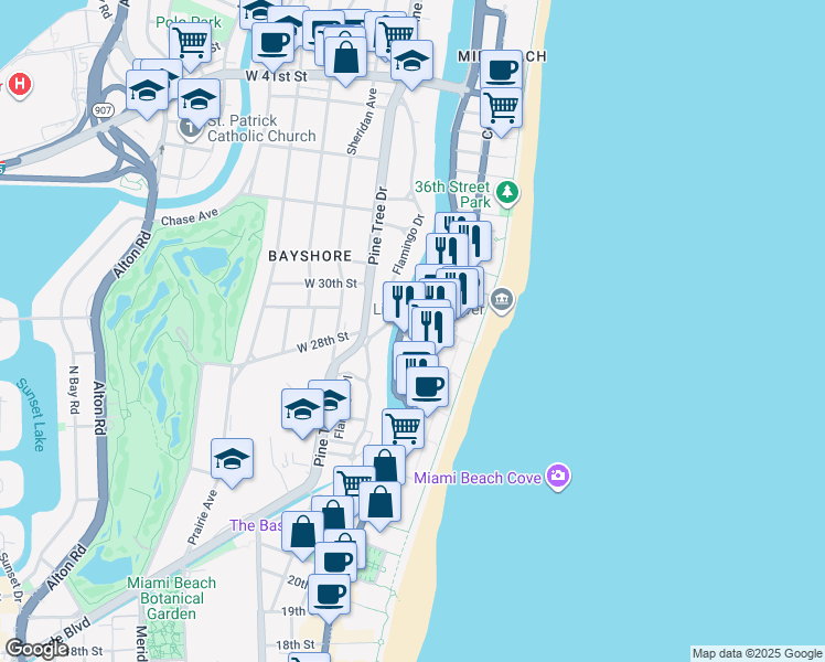map of restaurants, bars, coffee shops, grocery stores, and more near 241 28th Street in Miami Beach