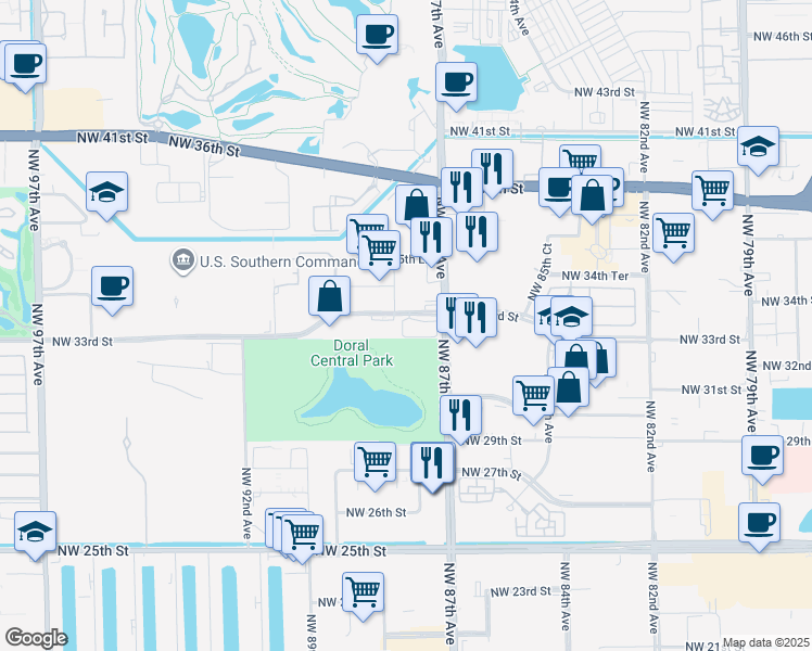 map of restaurants, bars, coffee shops, grocery stores, and more near 8700 Northwest 33rd Street in Doral