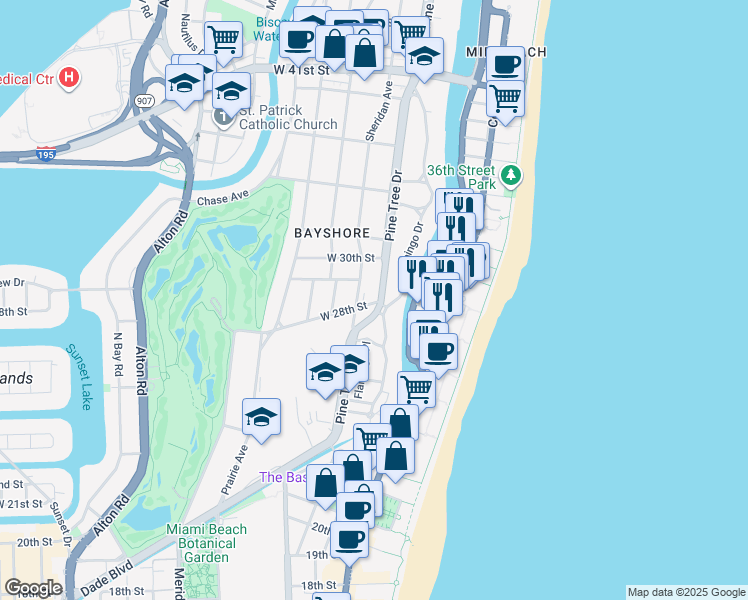 map of restaurants, bars, coffee shops, grocery stores, and more near 319 West 28th Street in Miami Beach