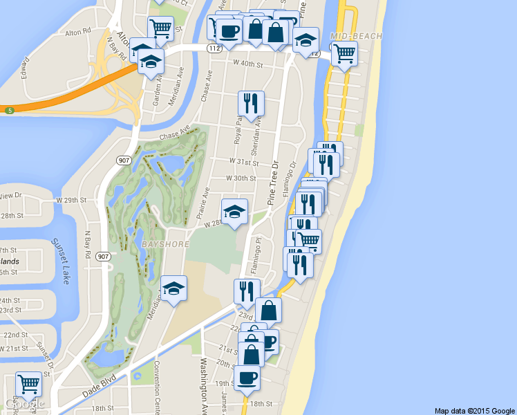 map of restaurants, bars, coffee shops, grocery stores, and more near 319 West 28th Street in Miami Beach