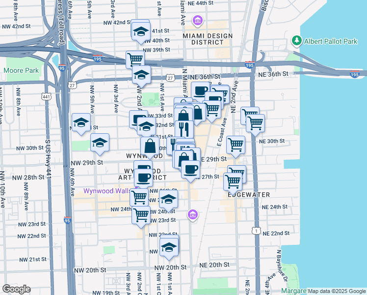 map of restaurants, bars, coffee shops, grocery stores, and more near 40 15th Street Northwest in Miami