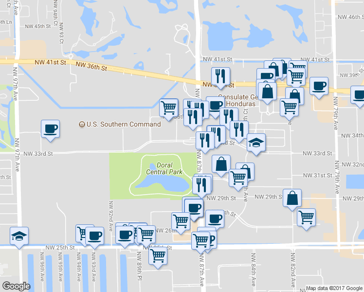 map of restaurants, bars, coffee shops, grocery stores, and more near 8700 Northwest 33rd Street in Doral
