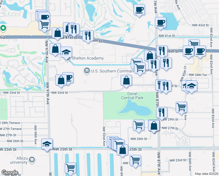 map of restaurants, bars, coffee shops, grocery stores, and more near 9109 Northwest 33rd Street in Doral