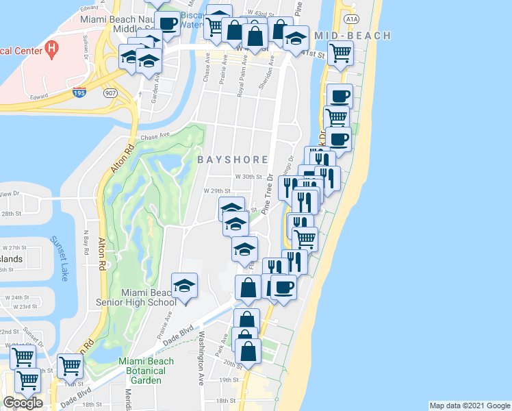 map of restaurants, bars, coffee shops, grocery stores, and more near 319 West 28th Street in Miami Beach