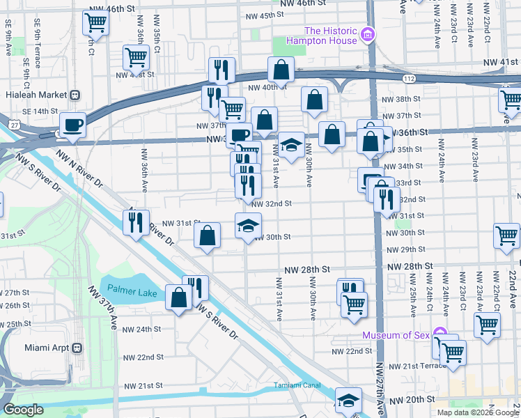 map of restaurants, bars, coffee shops, grocery stores, and more near 3135 Northwest 31st Street in Miami