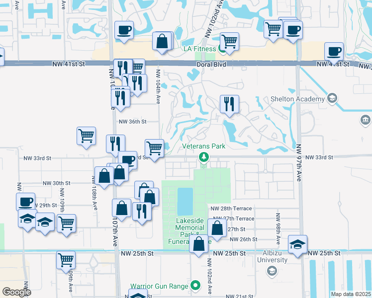 map of restaurants, bars, coffee shops, grocery stores, and more near 3309 Torremolinos Avenue in Doral